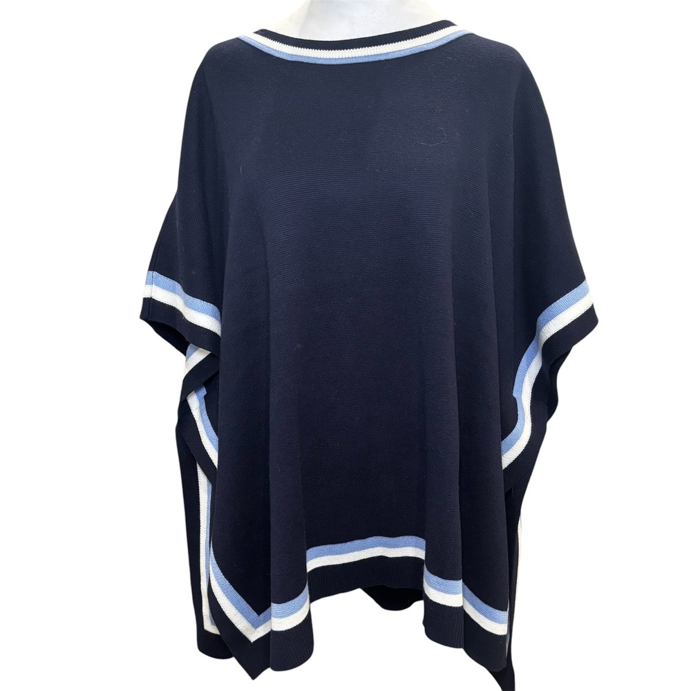 Talbots NWT Navy Blue Crewneck Heavy Knit Poncho M/L Medium Large Striped‎ - Picture 2 of 7
